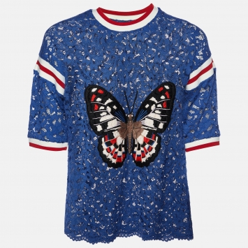 Pre Owned Gucci Royal Blue Lace Butterfly Appliqued Sheer Top S