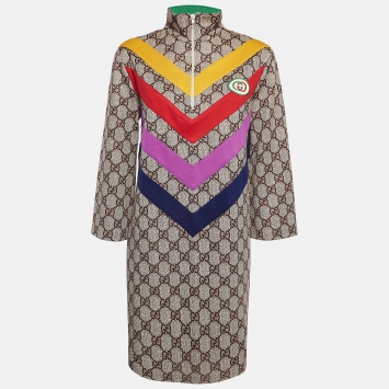 Pre Owned Gucci Brown GG Web Print Jersey Applique Shift Dress S