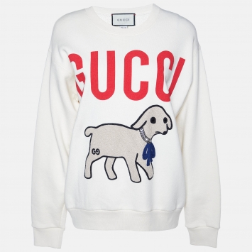 Pre Owned Gucci Cream Gucci Lamb Patch Cotton Oversized Sweatshirt S