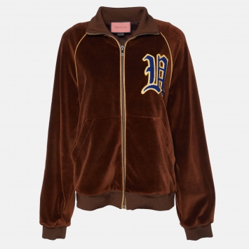 Pre Owned Gucci Brown Velvet Ram Patch Detail Zip Up Bomber Jacket S