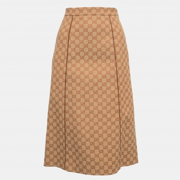 Pre Owned Gucci Light Brown Monogram Jacquard Contrast Trim Midi Skirt XS