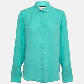 Pre Owned Gucci Turquoise Green GG Web Silk Shirt M