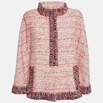 Pre Owned Chanel Red Multicolor Tweed Buttoned Front Jacket M