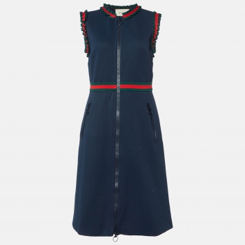 Pre Owned Gucci Navy Blue Web Trim Frill Sleeveless Dress L