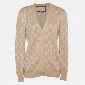 Pre Owned Gucci Beige Lamé GG Jacquard Cardigan L