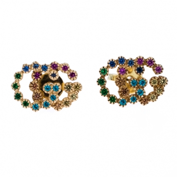 Pre Owned Gucci GG Running Multicolor Gemstones 18K Yellow Gold Stud Earrings