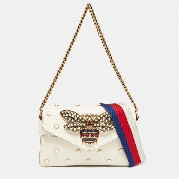 Pre Owned Gucci Off White Leather Mini Pearl Studded Broadway Bee Shoulder Bag