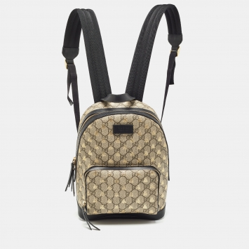 Pre Owned Gucci Black/Beige GG Supreme Canvas and Leather Small Bees Day Backpack