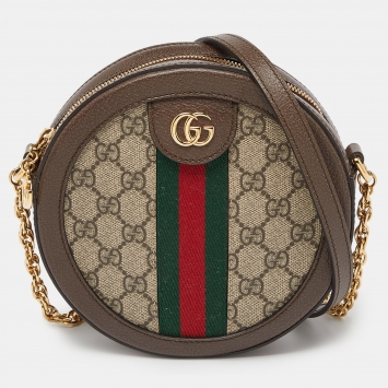 Pre Owned Gucci Brown GG Supreme Canvas and Leather Mini Ophidia Round Bag