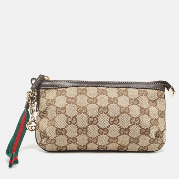 Pre Owned Gucci Beige/Brown GG Canvas Web Wristlet Pouch