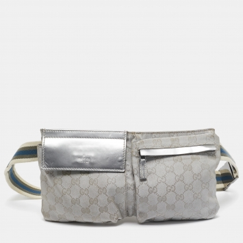 Pre Owned Gucci Silver GG Canvas and Patent Leather Double Pocket Belt Bag
