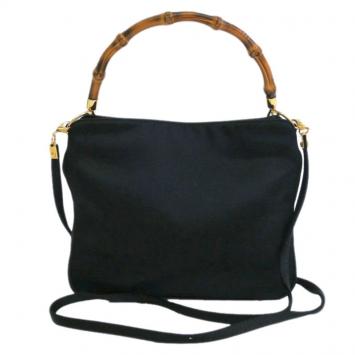 Pre Owned Gucci Black Satin Bamboo Top Handle Bag