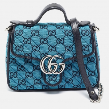 Pre Owned Gucci Blue Diagonal Quilt GG Canvas Leather Mini GG Marmont Bag