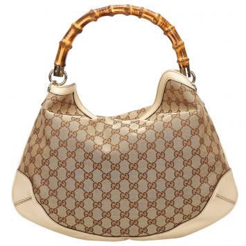 Pre Owned Gucci Beige/Ebony GG Canvas/Leather Peggy Bamboo Top Handle Bag