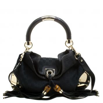 Pre Owned Gucci Black GG Canvas Medium Babouska Indy Top Handle Bag