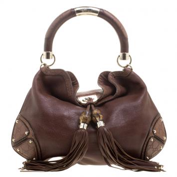Pre Owned Gucci Brown Leather Medium Babouska Indy Top Handle Bag