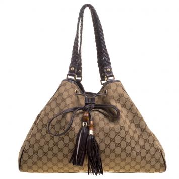 Pre Owned Gucci Beige GG Canvas Preggy Braided Bamboo Tassel Tote