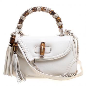 Pre Owned Gucci White Leather Tassel New Bamboo Top Handle Bag