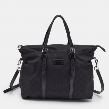 Gucci Black GG Nylon and Leather Top Zip Tote