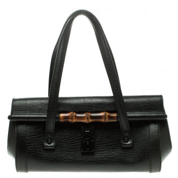 Pre Owned Gucci Black Leather Bamboo Bullet Satchel