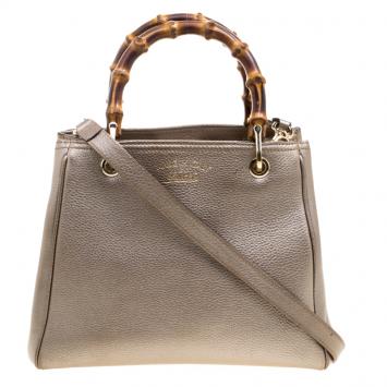 Pre Owned Gucci Metallic Beige Leather Bamboo Top Handle Shopper Tote