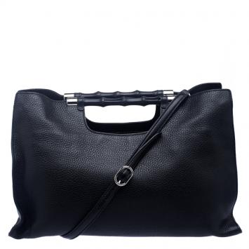Pre Owned Gucci Black Leather Cellarius Bamboo Daily Tote