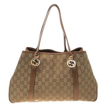 Pre Owned Gucci Beige/Bronze GG Canvas and Leather GG Twin Tote