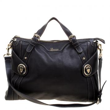 مملوكة مسبقًا Gucci Black Leather Crest Boule Top Handle Bag