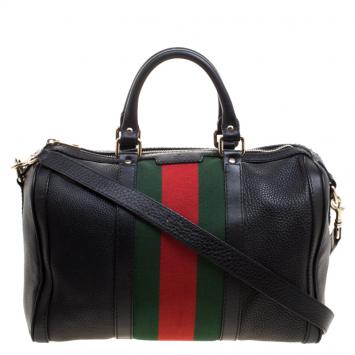 Pre Owned Gucci Black Leather Medium Vintage Web Boston Bag