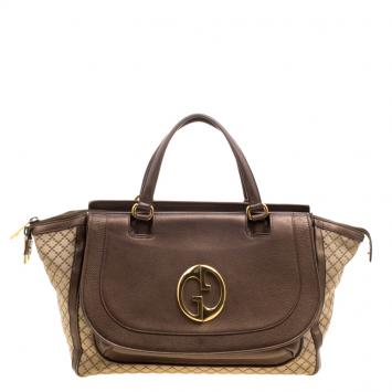 مملوكة مسبقًا Gucci Beige/Metallic Dark Beige Canvas and Leather  Medium 1973 Top Handle Bag