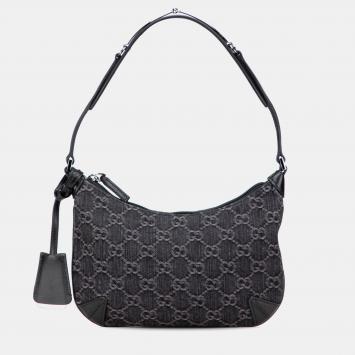Gucci Black Small GG Denim Horsebit Slim Hobo