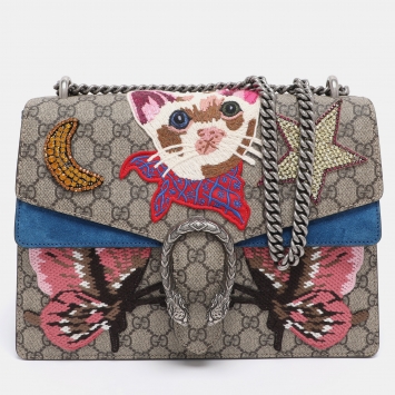 Gucci Beige GG Supreme Canvas and Suede Medium Crystals Embellished Dionysus Shoulder Bag