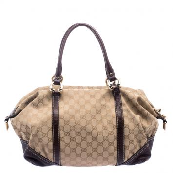Pre Owned Gucci Beige/Burgundy GG Canvas and Leather Top Handle Bag