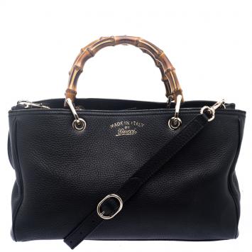 Pre Owned Gucci Black Leather Bamboo Top Handle Shopper Tote