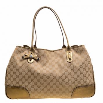 Pre Owned Gucci Beige/Gold GG Canvas and Leather Princy Tote