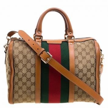 Pre Owned Gucci Beige/Tan GG Canvas Medium Vintage Web Boston Bag