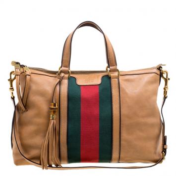 Pre Owned Gucci Light Brown Leather Web Rania Top Handle Bag