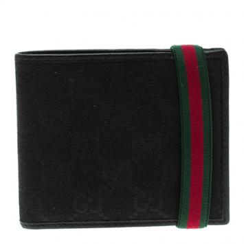 Pre Owned Gucci Black GG Canvas Web Bifold Wallet