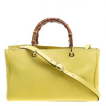 Pre Owned Gucci Yellow Leather Bamboo Top Handle Shopper Tote