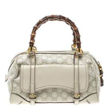 Pre Owned Gucci Off White Guccissima Leather Medium Bamboo Boston Bag