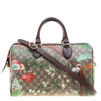 Pre Owned Gucci Beige/Brown Tian Print GG Supreme Canvas Medium Boston Bag