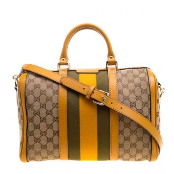 Pre Owned Gucci Beige/Tan GG Canvas Medium Vintage Web Boston Bag