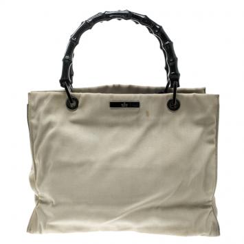Pre Owned Gucci Light Khaki Nylon Bamboo Tote