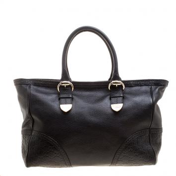 Pre Owned Gucci Metallic Black Guccissima Leather Medium Signoria Tote