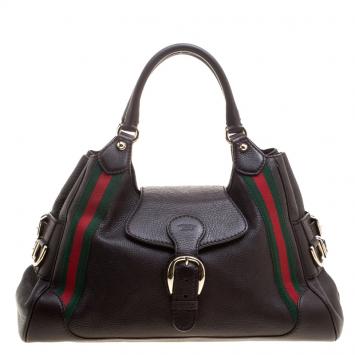 Pre Owned Gucci Dark Brown Leather Web Heritage Tote