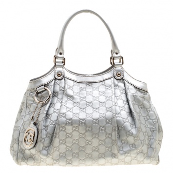 Pre Owned Gucci Silver Guccissima Leather Medium Sukey Tote