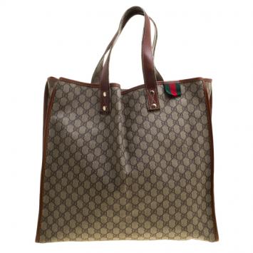 Pre Owned Gucci Beige/Brown GG Supreme Canvas and Leather Vertical Web Loop Tote