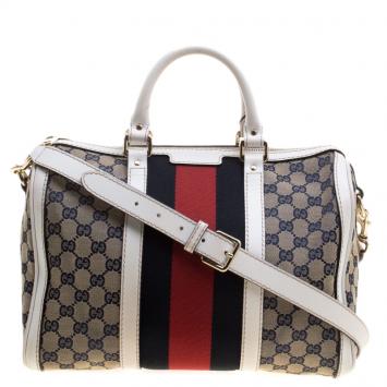 Pre Owned Gucci White/Blue GG Canvas Medium Vintage Web Boston Bag