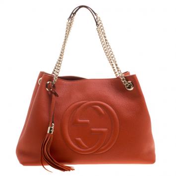Pre Owned Gucci Orange Pebbled Leather Medium Soho Tote