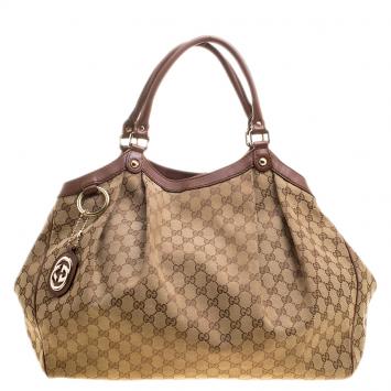 Pre Owned Gucci Beige/Brown GG Canvas and Leather Large Sukey Tote